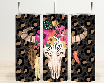 Cow Skull Tumbler Wrap PNG, Western Tumbler Wrap, Leopard Tumbler PNG, Cowgirl Tumbler Wrap - PNG