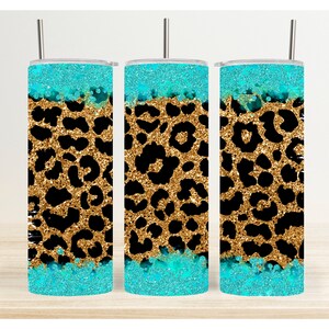 Glitter Leopard and Turquoise - Skinny Tumbler Sublimation Digital Download Design - PNG