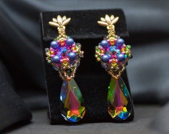 Statement dangle earrings - Gold earrings with Swarovski crystals - Colorful earrings - Gorgeous Mother's Gift Idea