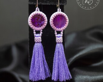 Purple tassels earrings - Holiday gift for her - Purple and pink dangle earrings - Shell earrings
