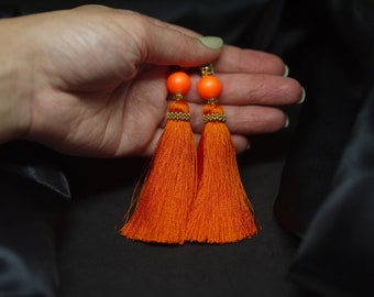 Long Orange Earrings - Orange Dangle Earrings -  Long Tassel Earrings - Bright Earrings with Tassels