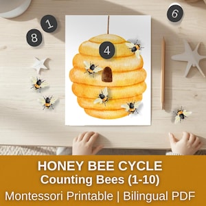 Puede incluir: Ilustración en acuarela de una colmena amarilla con abejas, círculos numerados y el texto "HONEY BEE CYCLE Counting Bees (1-10) Montessori Printable | Bilingual PDF". La imagen está sobre una superficie de madera clara.
