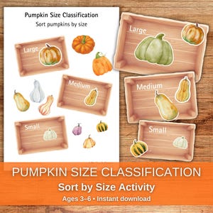 May include: An educational game with the text "Pumpkin Size Classification" and "Sort by Size Activity". The game features illustrations of pumpkins sorted into "Large", "Medium", and "Small" wooden crates. The age range is 3-6.
