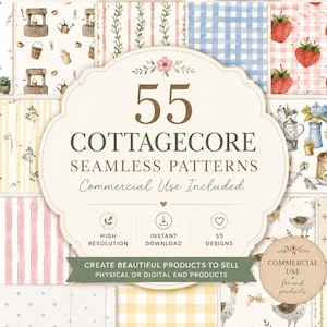 Op de afbeelding: Een collectie van 55 naadloze patronen met aquarelillustraties van tuinartikelen, aardbeien, gingham en strepen. De centrale tekst luidt 55 COTTAGECORE SEAMLESS PATTERNS, Commercial Use Included, High Resolution, Instant Download, 55 Designs.