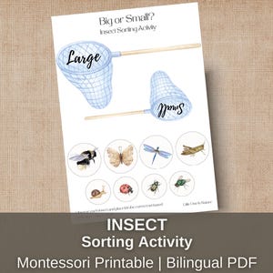 Montessori Insect Sorting Activity Printable – Big or Small Game – Preschool Size Comparison – Bilingual English French –Nature Learning PDF