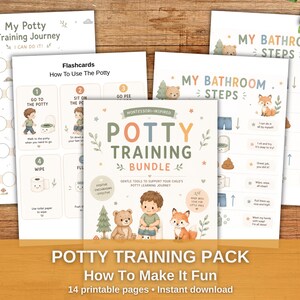 Peut inclure: Ensemble de supports imprimables pour l'apprentissage de la propreté. Le lot comprend des cartes flash, un tableau de suivi et des guides des étapes de la salle de bain. Les illustrations présentent un enfant, un ours, un renard et un lapin. Le texte dit "Potty Training Bundle".