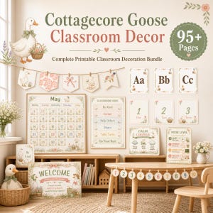 Peut inclure: Un ensemble de décoration de classe imprimable sur le thème de l'oie avec plus de 95 pages. Comprend un calendrier, des cartes alphabétiques, des affiches de nombres, un panneau de bienvenue et des panneaux avec du texte comme Be Kind et Listen.