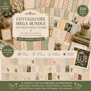 May include: A digital collection of 100 printable A4 papers featuring floral, gingham, and nature-themed patterns. The bundle includes various designs with soft color palettes, text labels, and illustrations of flowers, ducks, and cottages for creative projects.