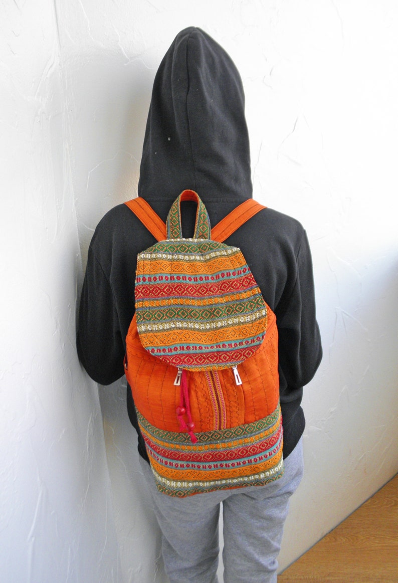 Orange Boho backpackEthnic rucksackWoven folk bag