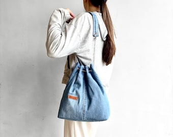 Gerecyclede denim tas met trekkoord/Jeans mandtas/Jeans tas met kettinghandvatten/Jeans hobo tas