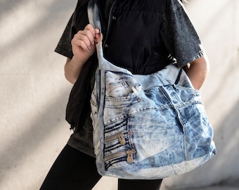 Upcycled bleached denim bag/Denim worn tote bag/Denim gym bag/Vintage distressed denim bag/Jeans hobo bag/Denim shopping bag
