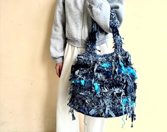 Upcycled denim tote bag/Eco-friendly jeans bag/Large crochet scrap bag/Zero waste pattern