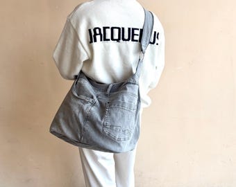Recycled light gray denim tote bag/Vintage jeans gym bag/Jeans hobo bag/Denim shopping bag
