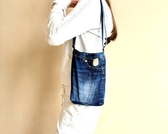Small jeans bag/Denim hobo bag/Vintage jeans crossbody bag/Denim purse/Shabby denim bag