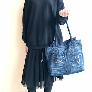 Recycled denim tote bag/Jeans shopping bag/Vintage denim shoulder bag/Denim laptop bag/Jeans messenger bag