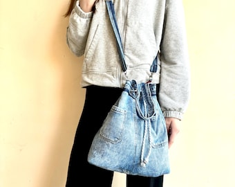 Recycled denim bag/Jeans drawstring bag/Denim crossbody bag/Shabby denim bag/Denim casual  bag
