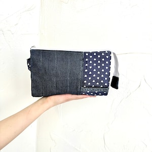 Bolsa de cosméticos denim reciclado/Bolsa de maquiagem jeans vintage/Bolsa de higiene jeans azul/Bolsa jeans/Bolsa de cosméticos grande/Clutch jeans