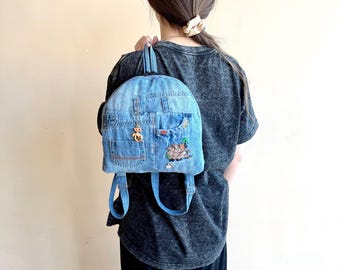 Recycled denim mini backpack/Kids denim rucksack/Vintage denim backpack/Kids denim backpack