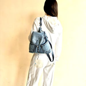 Recycled denim backpack/Jeans mini backpack/Convertible bag/Denim crossbody bag/Shabby denim bag/Denim drawstring backpack/Casual denim bag