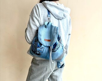 Denim Drawstring Backpack Made Out of Mid Blue Levi display picture 1