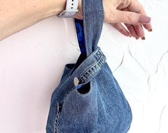 Recycled denim knot bag/Small Japanese hand bag/Bento bag/Jeans mini bag