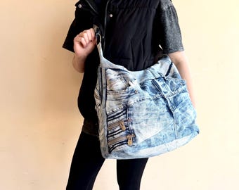 Upcycled bleached denim bag/Denim worn tote bag/Denim gym bag/Vintage distressed denim bag/Jeans hobo bag/Denim shopping bag