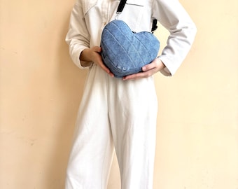 Recycled denim mini crossbody bag/Denim heart-shaped bag/Quilted jeans bag