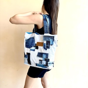 Patchwork tote bag/Recycled denim tote bag/Jeans weekender bag/Crazy patchwork bag/Hipster tote bag/Denim shopping bag/