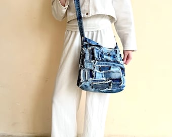 Recycled denim patchwork crossbody bag/Vintage jeans worn-out hobo bag/Crazy patchwork bag/Jeans distressed bag
