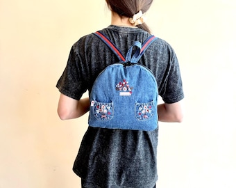 Recycled denim mini backpack/Kids denim rucksack/Vintage denim backpack/Girgls denim backpack