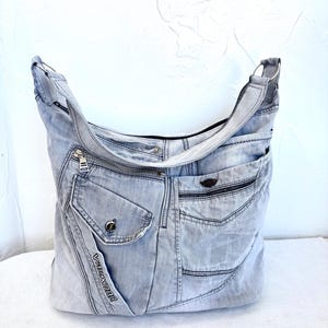 Recycled denim tote bag/Denim gym bag/Shabby denim bag/Vintage denim bag/Jeans hobo bag/Denim shopping bag/Grey jeans weekender bag
