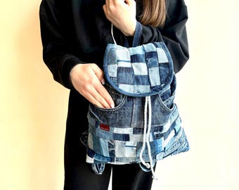 Denim patchworkrugzak/rugzak van gerecycled denim/gewatteerde tas/Crazy patchworktas/vintage jeansrugzak