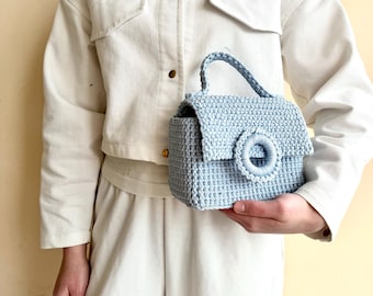 Crochet mini bag/Handmade blue crossbody purse/Polyester cord bag/ Cute small shoulder bag/Durable handbag/Gift for her