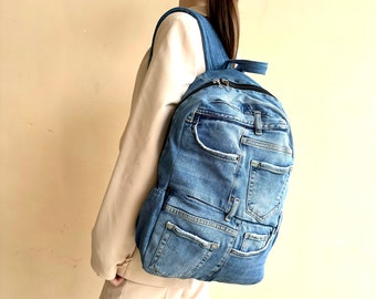 Sac à dos en denim recyclé/sac à dos en jean vintage/Grand sac à dos de voyage/Sac à dos en jean bleu foncé