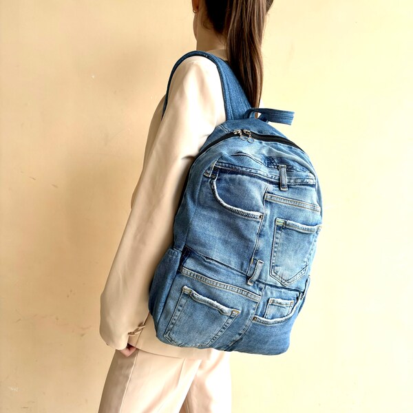 Recycled denim backpack/Vintage jeans rucksack/Large travel backpack/Dark blue jeans backpack