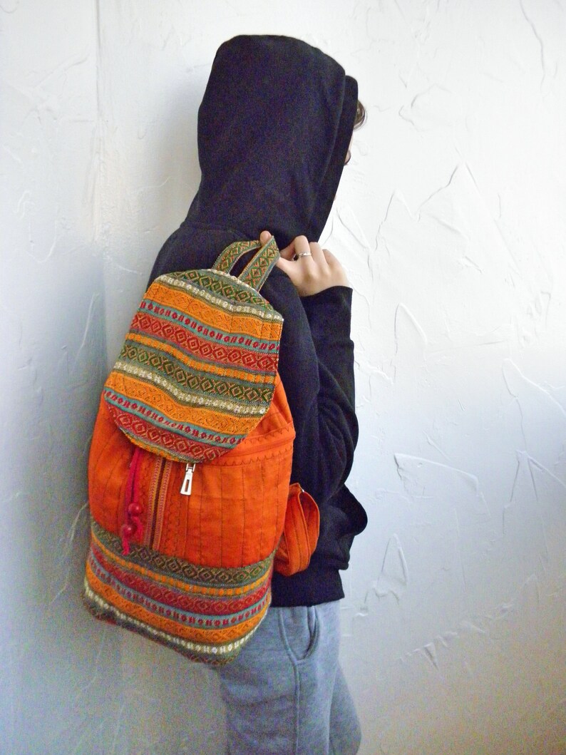 Orange Boho backpackEthnic rucksackWoven folk bag