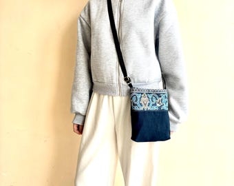 Small upcycled denim crossbody bag/Embroidered jeans hobo bag/Denim purse