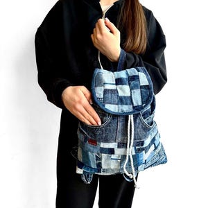 Upcycled Denim Backpack, Patchwork Jeans Drawstring Bag, Sustainable Eco Friendly Rucksack, Denim Festival Daypack