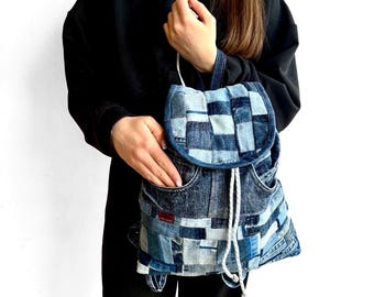 Återvunnen denimryggsäck, lapptäcksväska med jeanssnöre, hållbar miljövänlig ryggsäck, dagsryggsäck för denimfestivalen