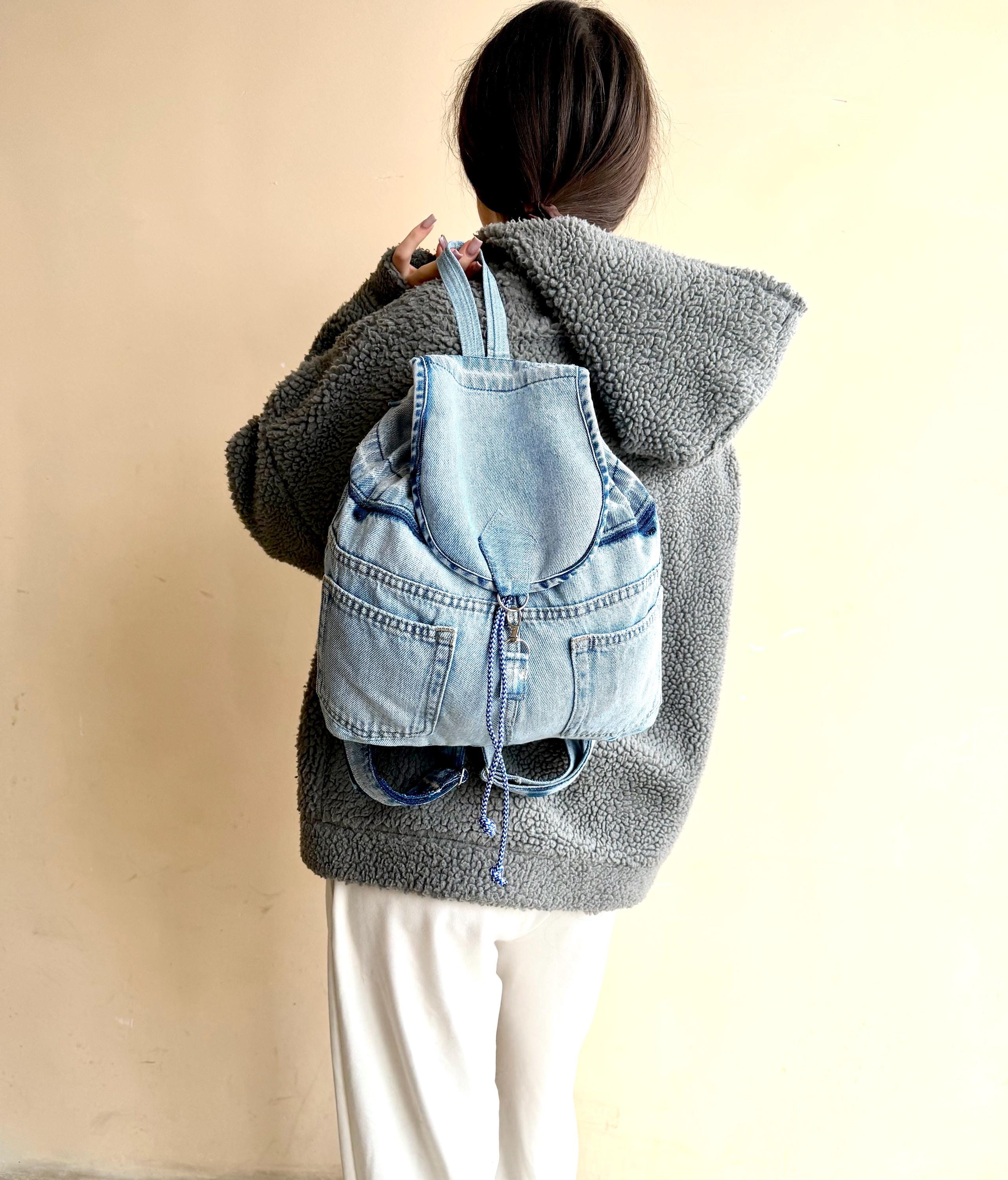 Drawstring Denim Backpack - Etsy