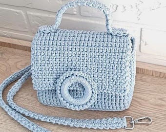 Crochet mini bag/Handmade blue crossbody purse/Polyester cord bag/ Cute small shoulder bag/Durable handbag/Gift for her