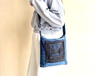 Recycled denim crossbody bag/Crazy patchwork jeans bag/Zippered denim messenger bag