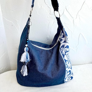 Recycled denim tote bag/Denim boho bag/Denim gym bag/Ethnic tote bag/Vintage denim bag/Jeans hobo bag/Blue jeans weekender bag