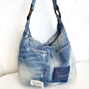 Recycled denim tote bag/Denim gym bag/Distressed bag/Vintage denim bag/Jeans hobo bag/Denim shopping bag/Blue jeans weekender bag