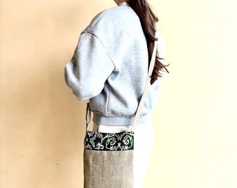 Hemp boho crossbody bag/Burlap embroidered bag/Small ethnic hobo bag