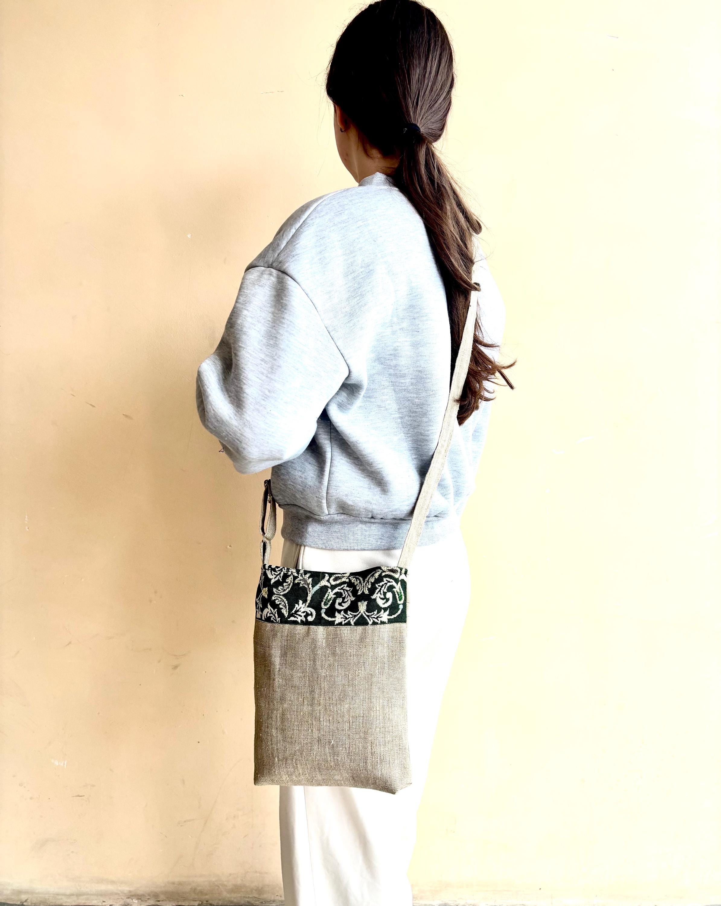 Hemp boho crossbody bag/Burlap embroidered bag/Small ethnic hobo bag