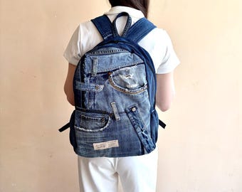 Gerecycleerde denimrugzak/patchworkrugzak/vintage jeansrugzak/grote reisrugzak/armoedige jeansrugzak