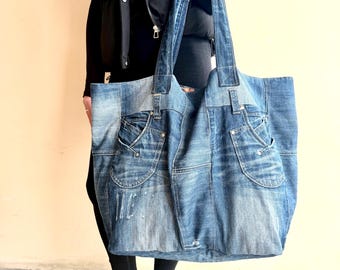Extra large tote bag/Recycled denim bag/Large weekender bag/Denim shopping bag/Jeans artist’s bag/Denim sustainable bag