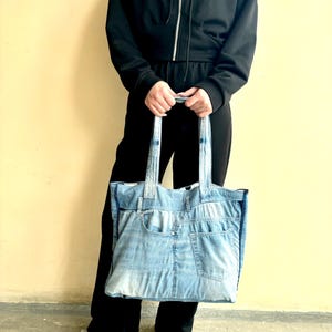 Recycled denim tote bag/Vintage jeans bag/Denim weekender bag/ Denim shopping bag/Jeans beach bag/Casual denim tote bag