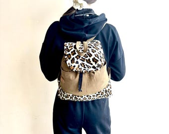 Animal print backpack/Faux fur backpack/Leopard print rucksack/African boho backpack/Brown canvas rucksack/Recycled jeans backpack